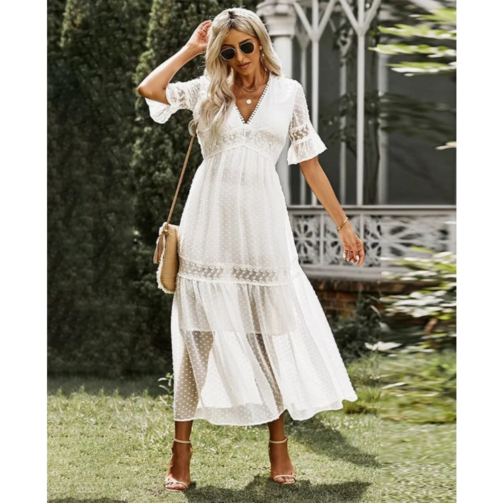 LAST ONE! Plus Size White Lace And Swiss Dot V-Neck Maxi Dress - Picture 3 of 4